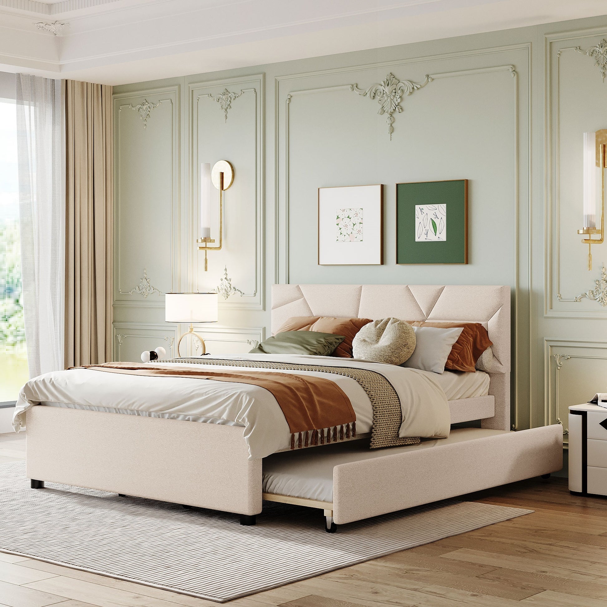 Queen Size Upholstered Platform Bed With Brick Pattern Headboard And Twin Xl Size Trundle, Linen Fabric, Beige Beige Linen
