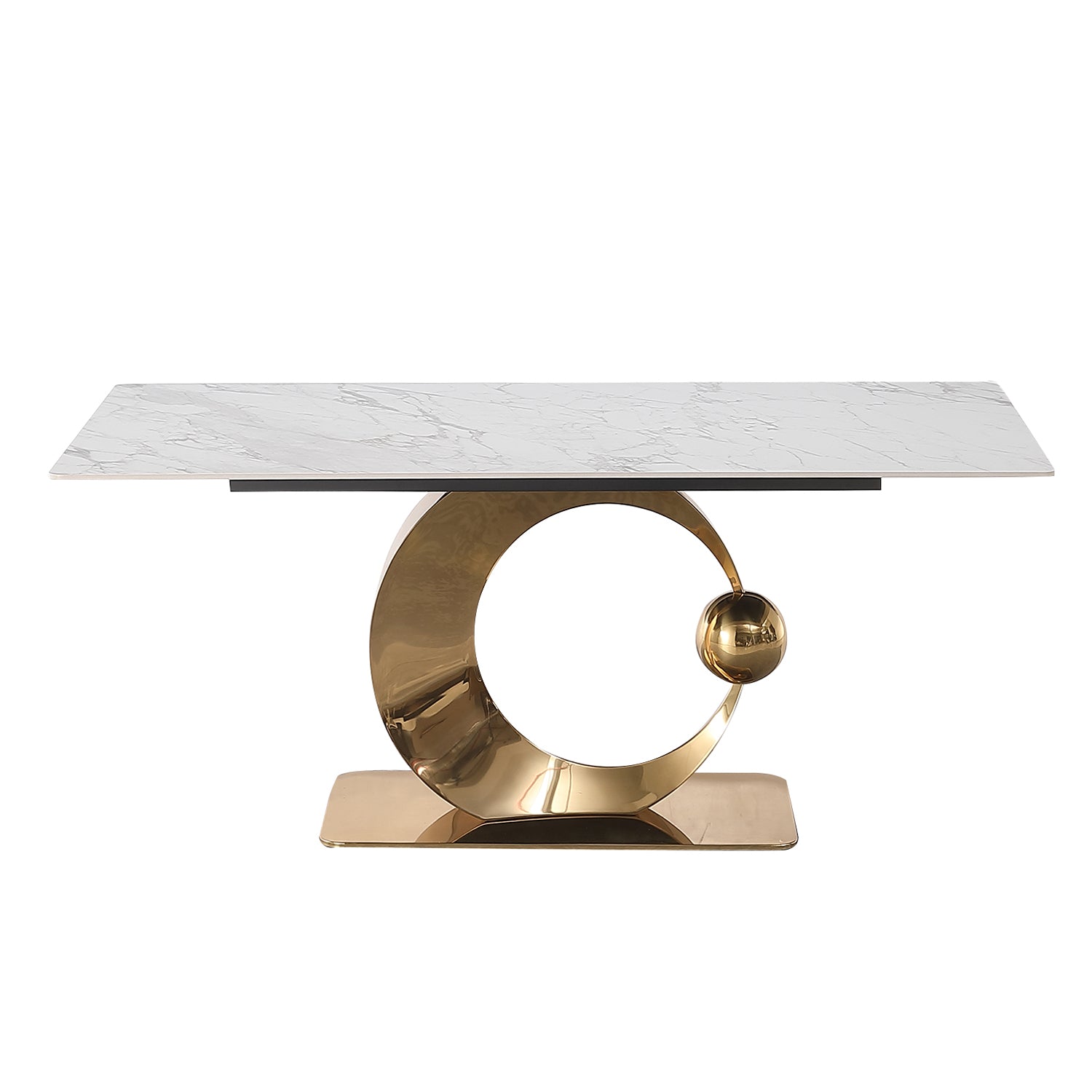 71 Inch Stone Diningtable With Carrara White Color And Round Special Shape Stainless Steel Gold Pedestal Base Gold Dining Room Modern Square Glossy Sintered Stone