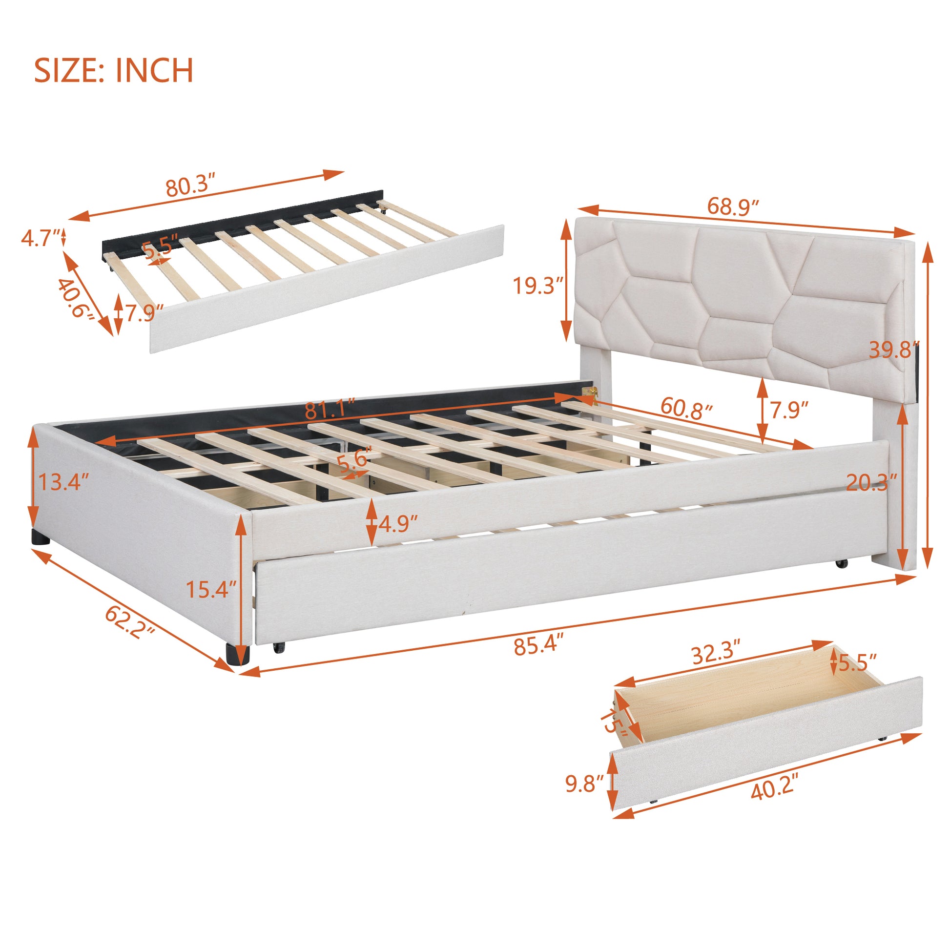 Queen Size Upholstered Platform Bed With Brick Pattern Headboard, With Twin Xl Size Trundle And 2 Drawers, Linen Fabric, Beige Beige Linen