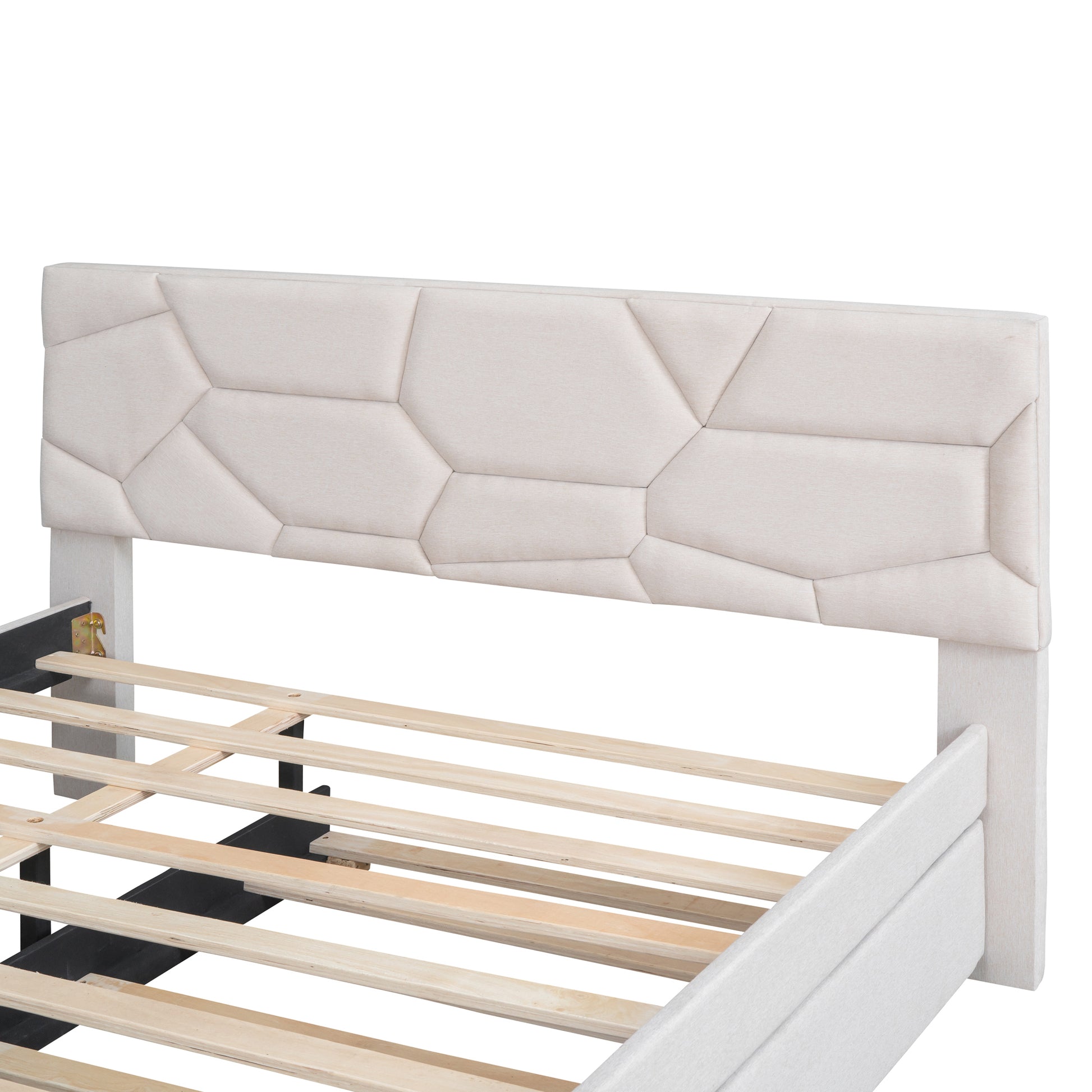 Queen Size Upholstered Platform Bed With Brick Pattern Headboard And Twin Xl Size Trundle, Linen Fabric, Beige Beige Linen