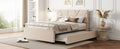Full Size Upholstered Platform Bed With Brick Pattern Headboard And Twin Size Trundle, Linen Fabric, Beige Beige Linen