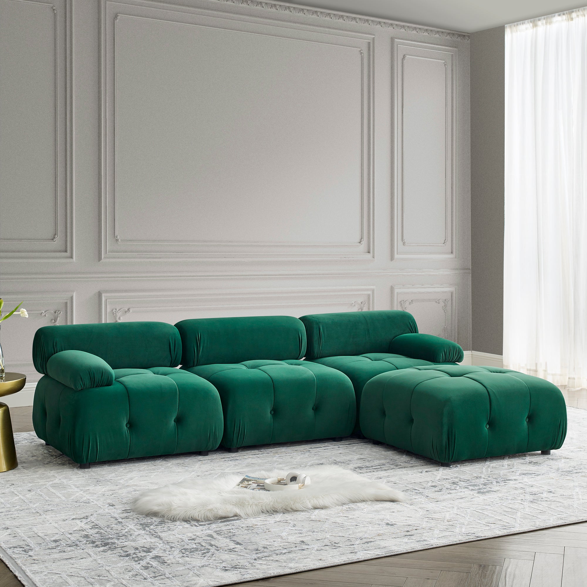 Modular Sectional Sofa, Button Tufted Designed And Diy Combination,L Shaped Couch With Reversible Ottoman, Green Velvet Dark Green Velvet Wood Soft Tight Back Eucalyptus Pillow Top Arms Foam Spring