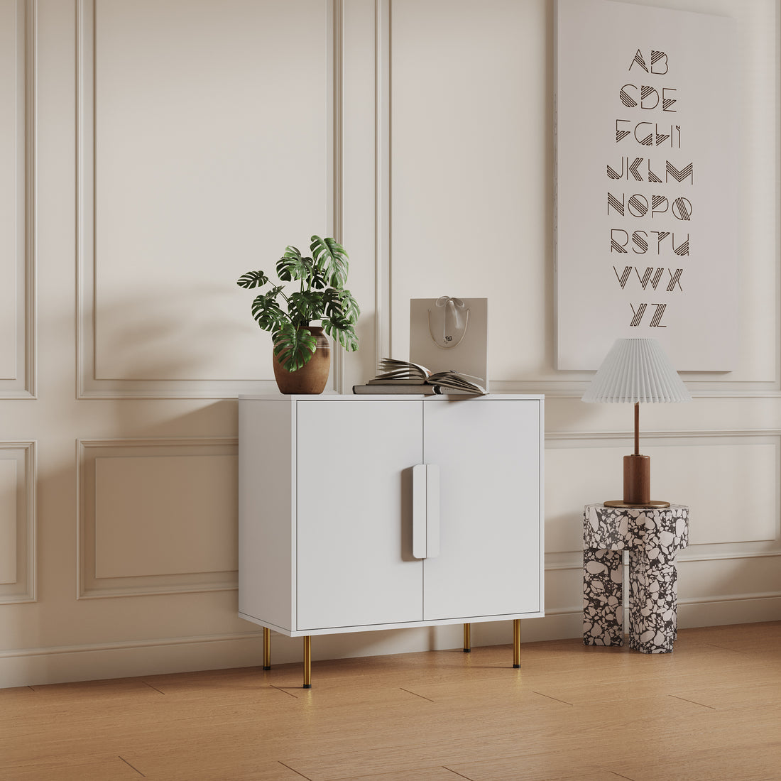 Sideboard Buffet Cabinet With Storage Modern Storage Cabinets With 2 Doors With Handle For Living Room Dining Room Entryway, White White Mdf