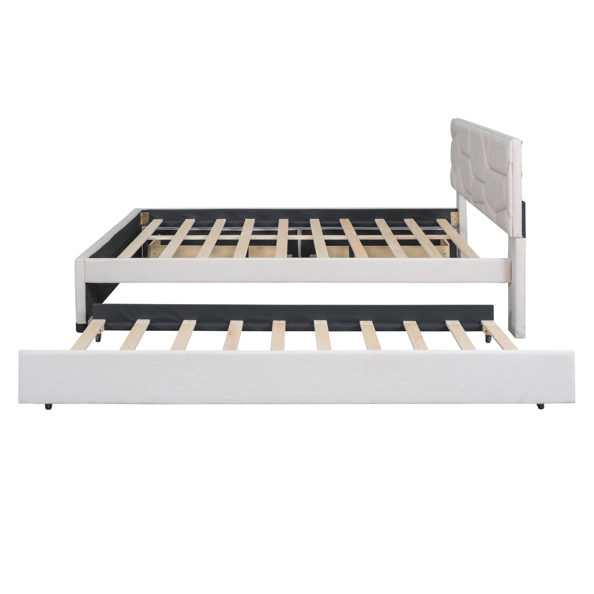 Queen Size Upholstered Platform Bed With Brick Pattern Headboard, With Twin Xl Size Trundle And 2 Drawers, Linen Fabric, Beige Beige Linen