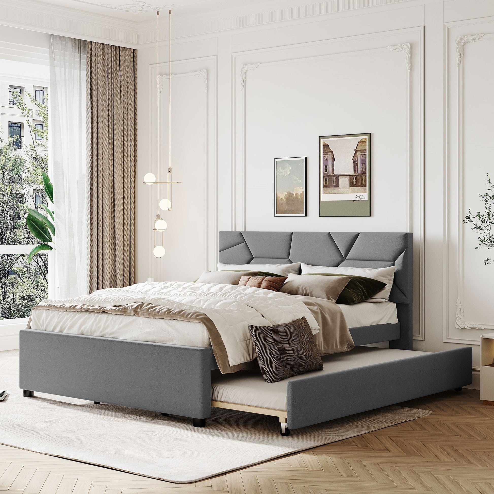 Queen Size Upholstered Platform Bed With Brick Pattern Headboard And Twin Xl Size Trundle, Linen Fabric, Gray Gray Linen