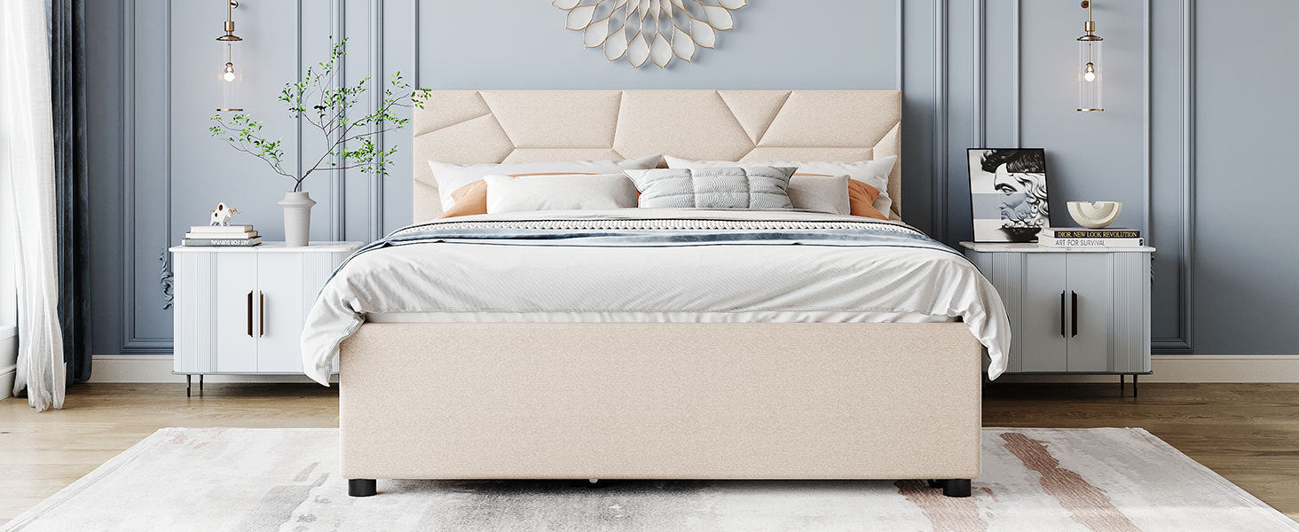 Queen Size Upholstered Platform Bed With Brick Pattern Headboard, With Twin Xl Size Trundle And 2 Drawers, Linen Fabric, Beige Beige Linen