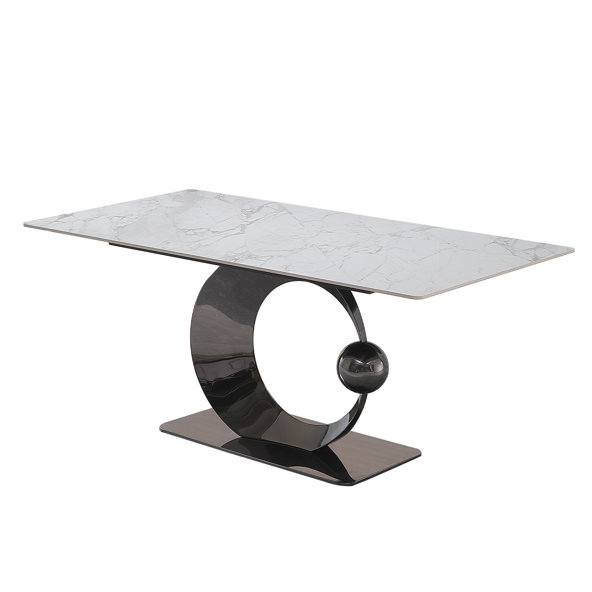 71 Inch Stone Diningtable With Carrara White Color And Striped Pedestal Base Black Modern Square Carbon Steel Sintered Stone