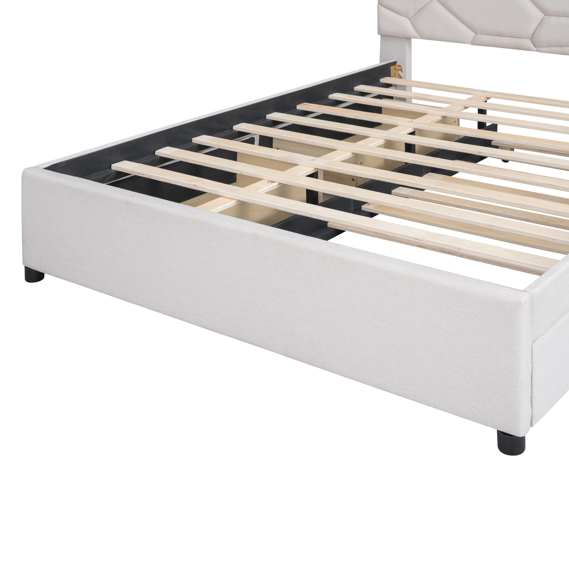Queen Size Upholstered Platform Bed With Brick Pattern Headboard, With Twin Xl Size Trundle And 2 Drawers, Linen Fabric, Beige Beige Linen