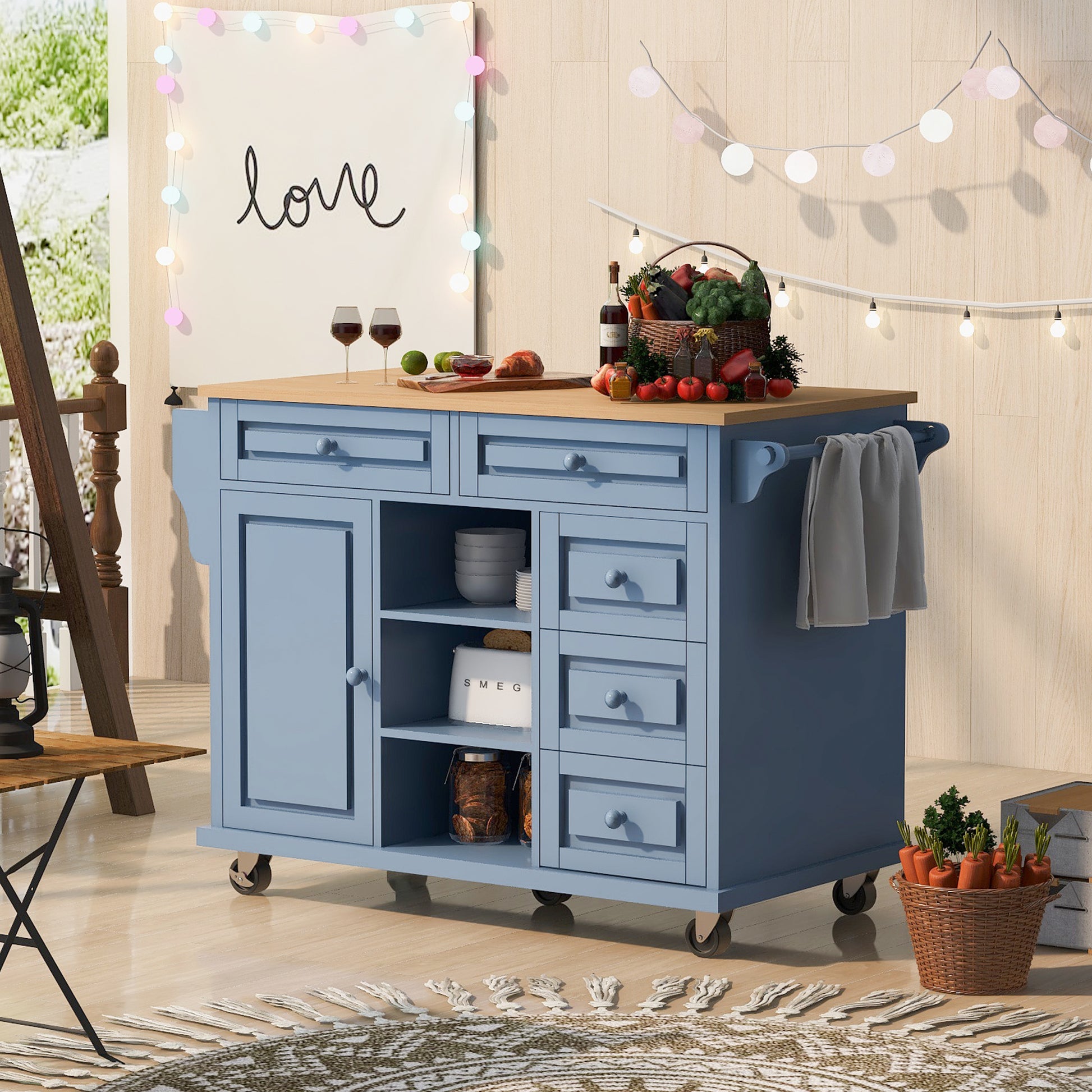 Kitchen Cart With Rubber Wood Desktop Rolling Mobile Kitchen Island With Storage And 5 Draws 53 Inch Length Blue Blue Mdf