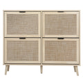 Natural Rattan 4 Door Shoe Rack, Freestanding Modern Shoe Storage Cabinet, For Entryway Natural Particle Board