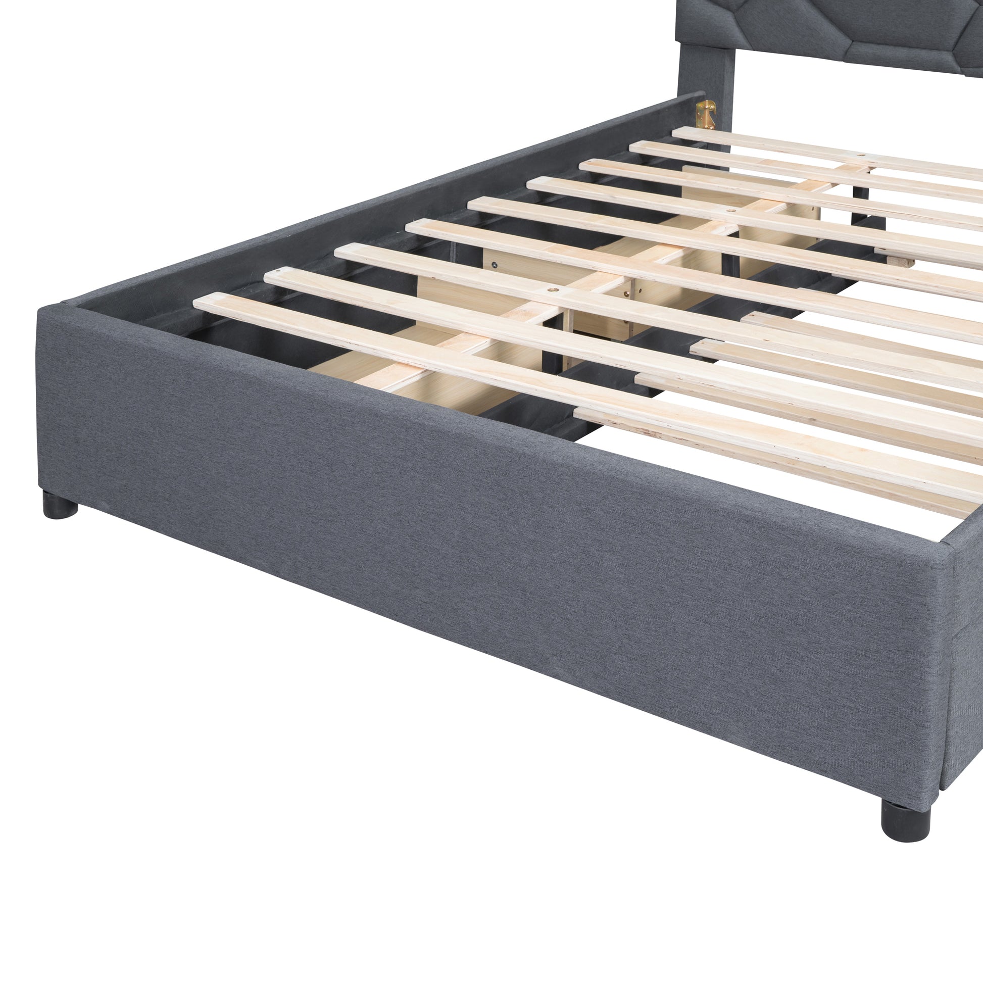 Queen Size Upholstered Platform Bed With Brick Pattern Headboard, With Twin Xl Size Trundle And 2 Drawers, Linen Fabric, Gray Gray Linen