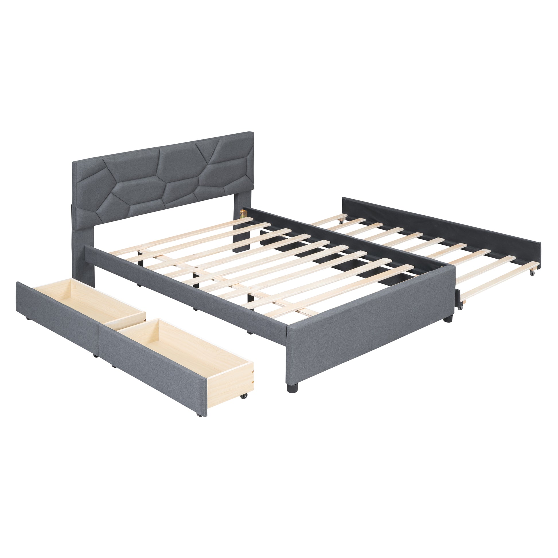 Full Size Upholstered Platform Bed With Brick Pattern Headboard, With Twin Size Trundle And 2 Drawers, Linen Fabric, Gray Gray Linen