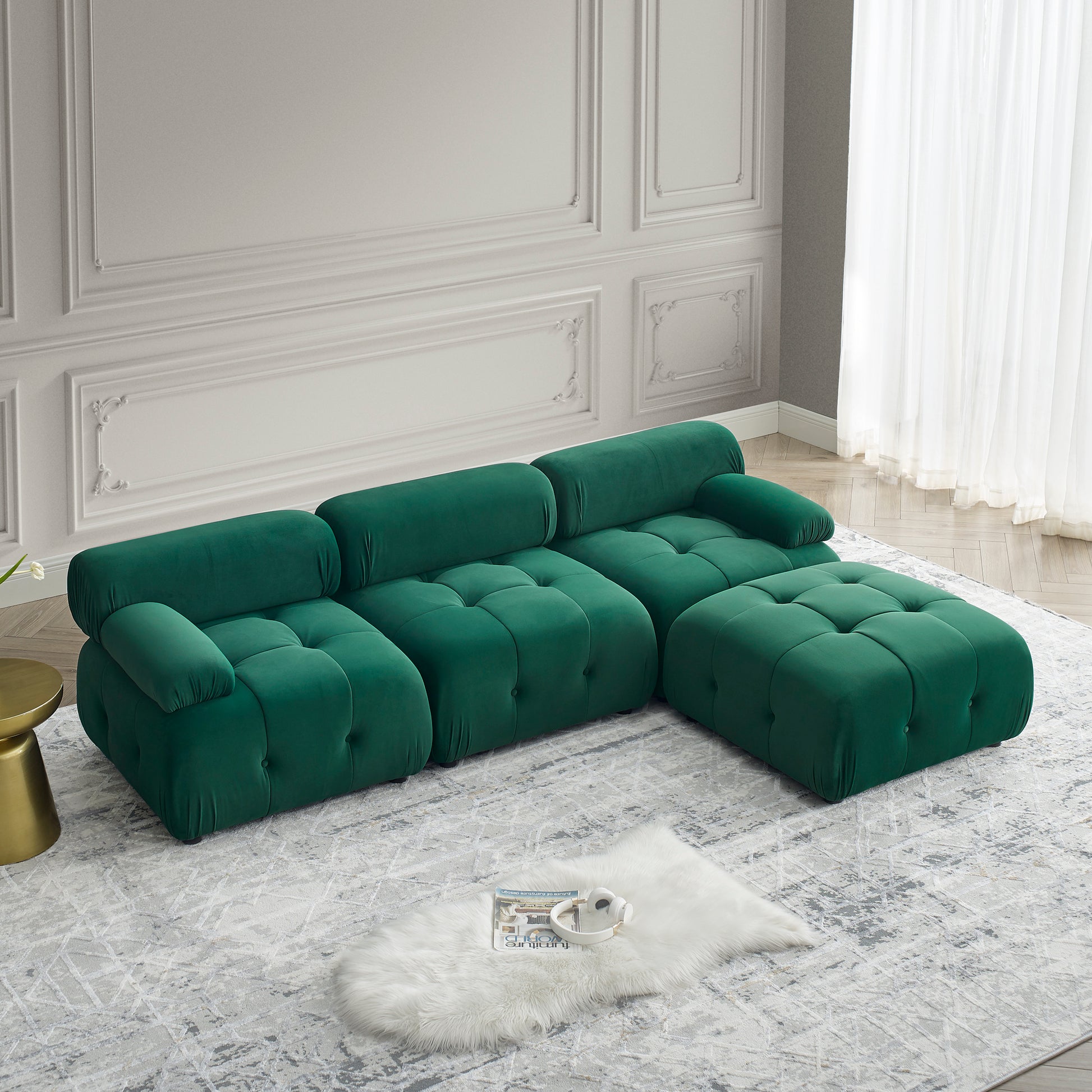 Modular Sectional Sofa, Button Tufted Designed And Diy Combination,L Shaped Couch With Reversible Ottoman, Green Velvet Dark Green Velvet Wood Soft Tight Back Eucalyptus Pillow Top Arms Foam Spring