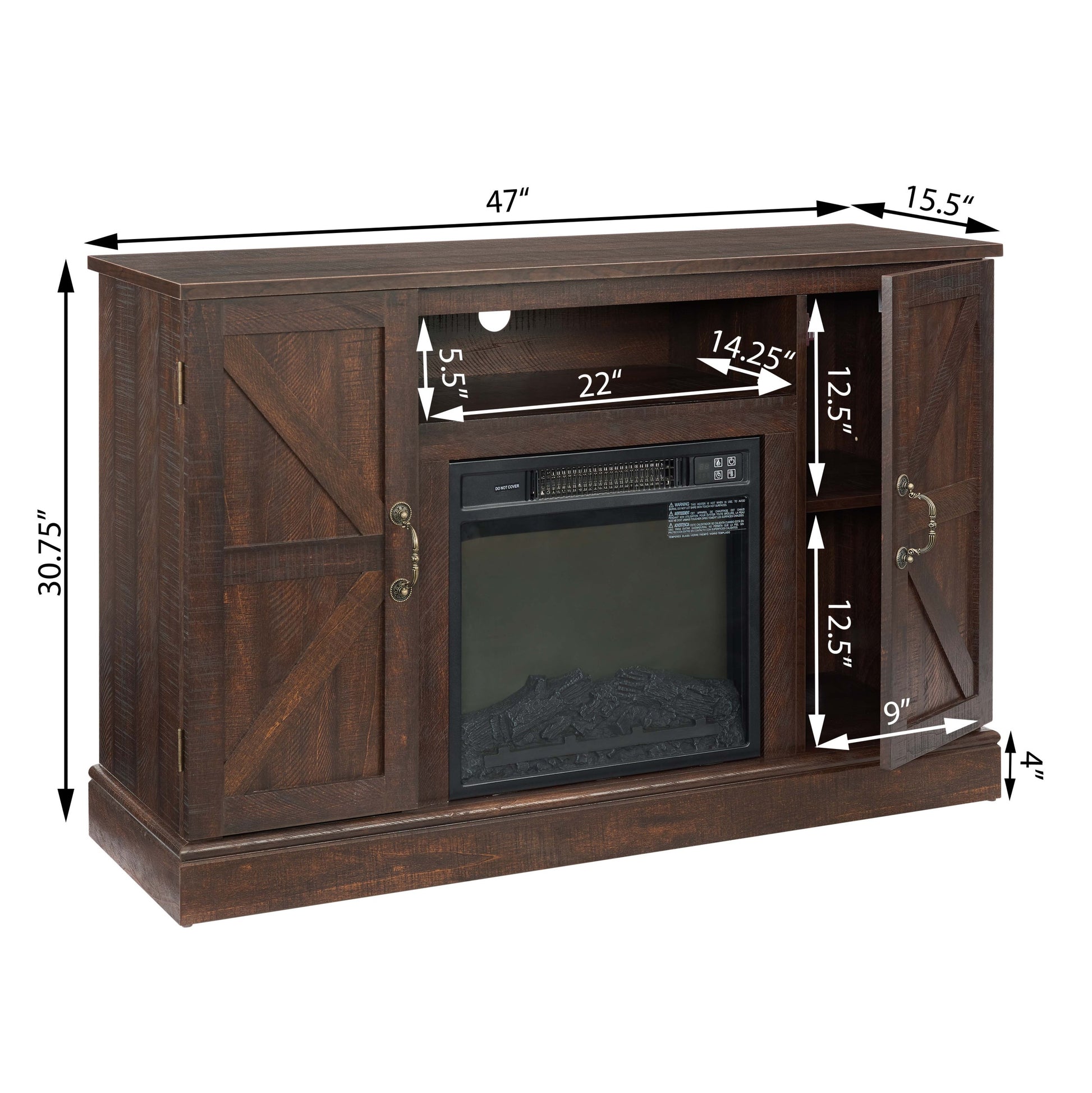 Farmhouse Classic Media Tv Stand Antique Entertainment Console For Tv Up To 50" With 18" Electric Fireplace Insert With Open And Closed Storage Space, Espresso 47"W*15.5"D*30.75"H Espresso Primary Living Space 50 Inches 40 49 Inches Farmhouse 50 Inches