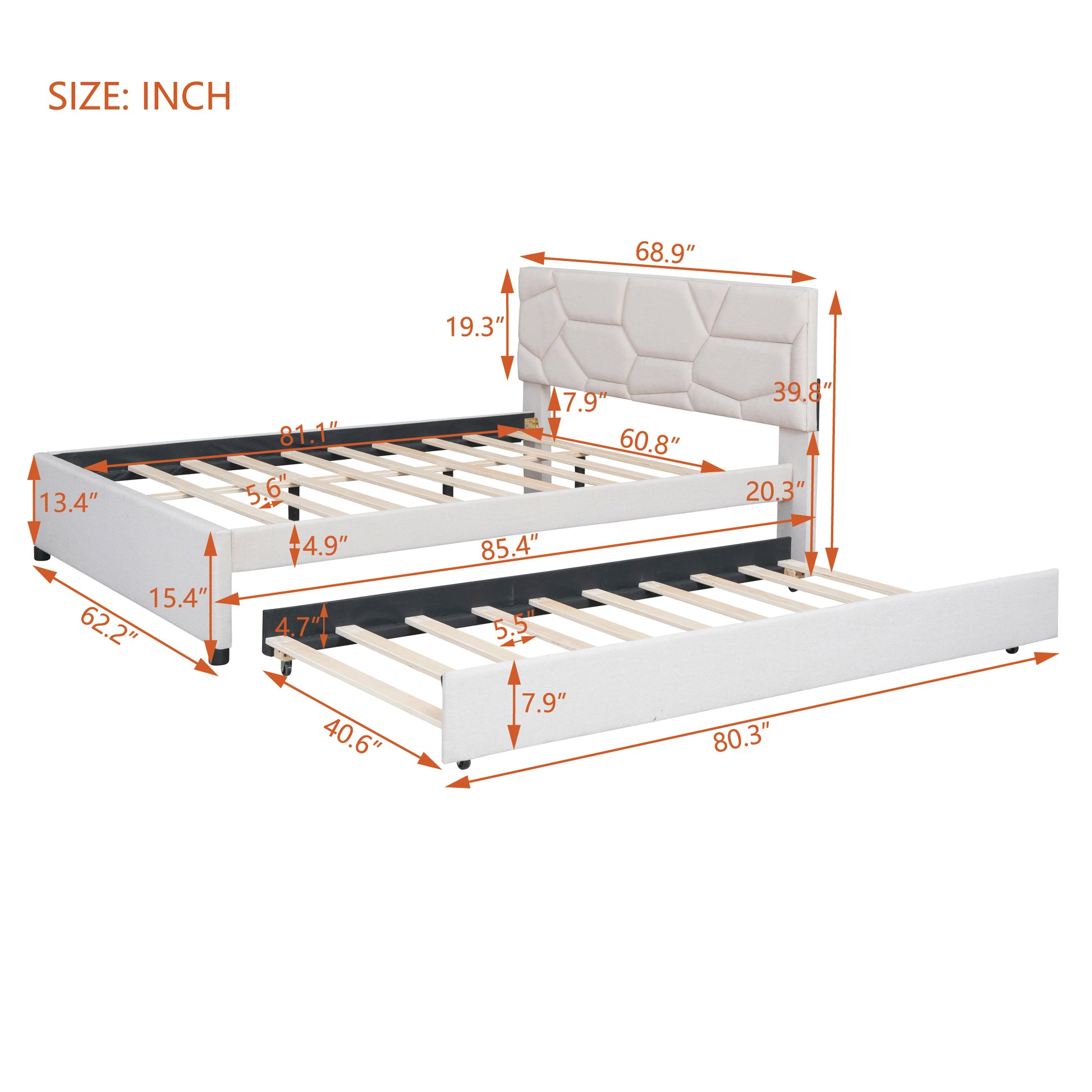 Queen Size Upholstered Platform Bed With Brick Pattern Headboard And Twin Xl Size Trundle, Linen Fabric, Beige Beige Linen