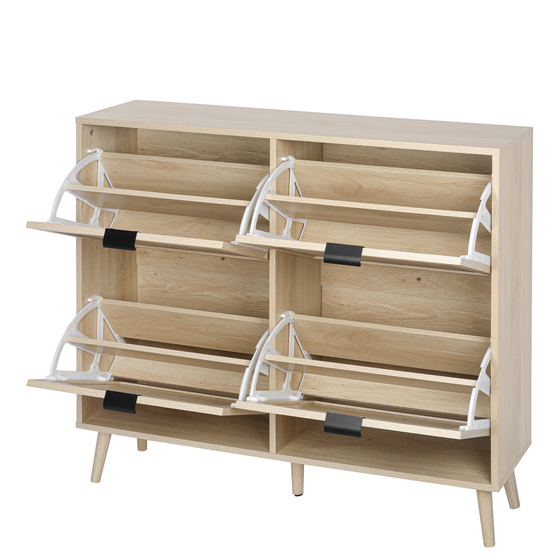 Natural Rattan 4 Door Shoe Rack, Freestanding Modern Shoe Storage Cabinet, For Entryway Natural Particle Board