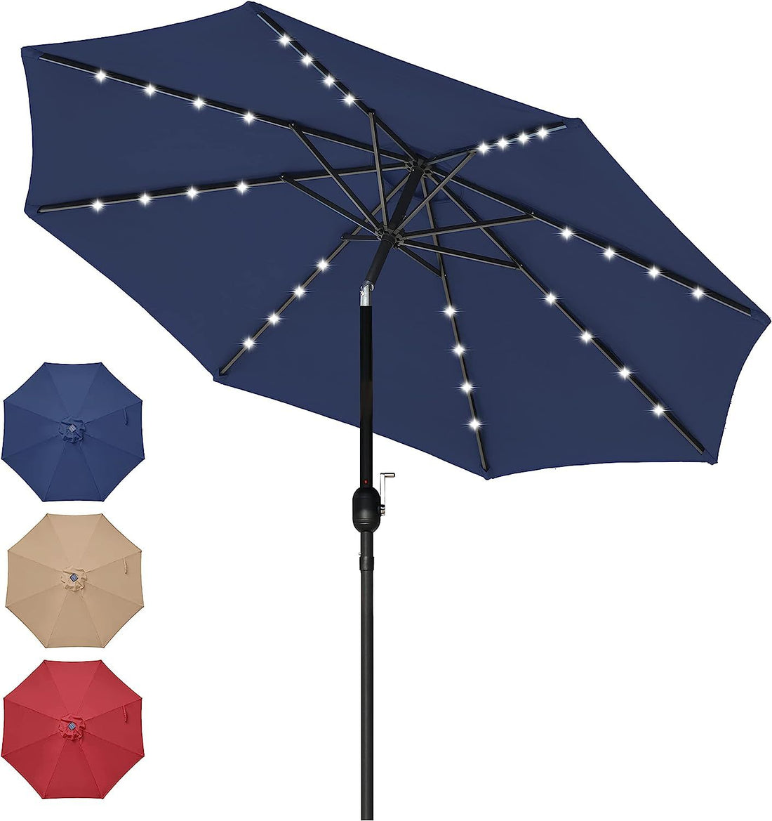 9' Solar Umbrella 32 Led Lighted Patio Umbrella Table Market Umbrella With Push Button Tilt Crank Outdoor Umbrella For Garden, Deck, Backyard And Pool, Dark Blue Dark Blue Stainless Steel