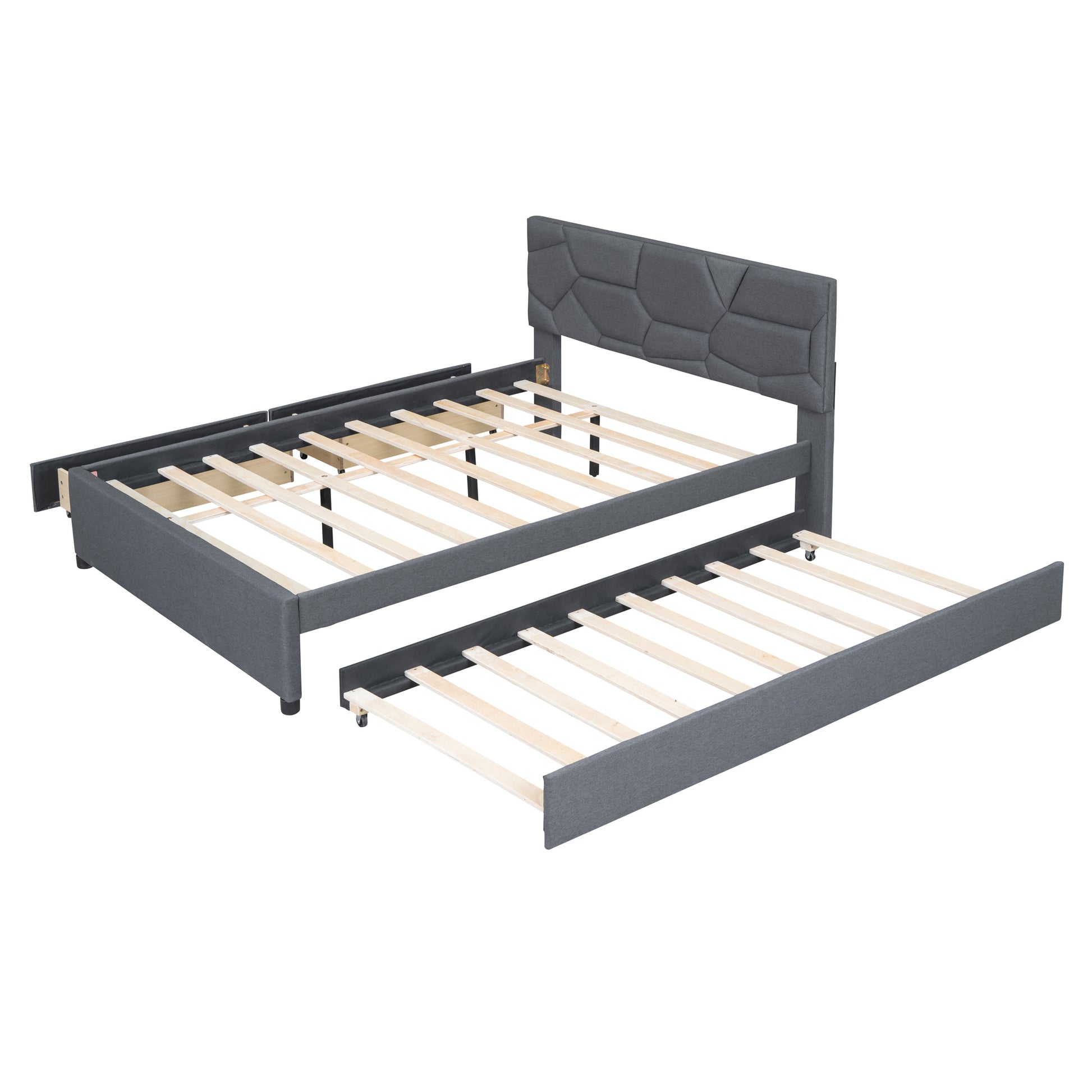Queen Size Upholstered Platform Bed With Brick Pattern Headboard, With Twin Xl Size Trundle And 2 Drawers, Linen Fabric, Gray Gray Linen
