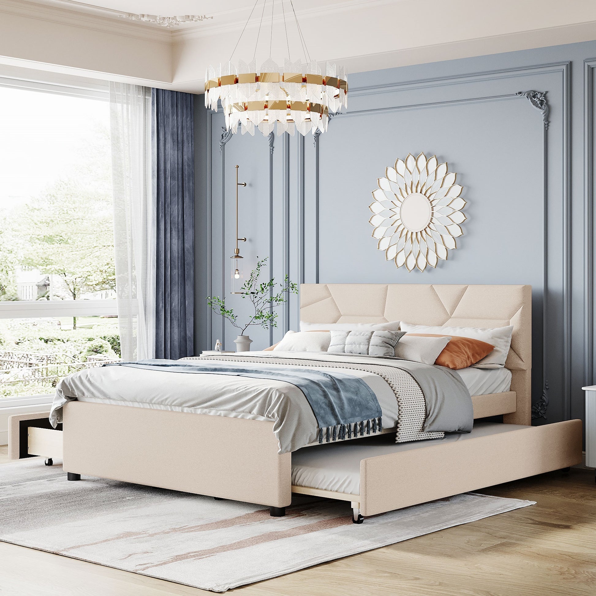 Queen Size Upholstered Platform Bed With Brick Pattern Headboard, With Twin Xl Size Trundle And 2 Drawers, Linen Fabric, Beige Beige Linen