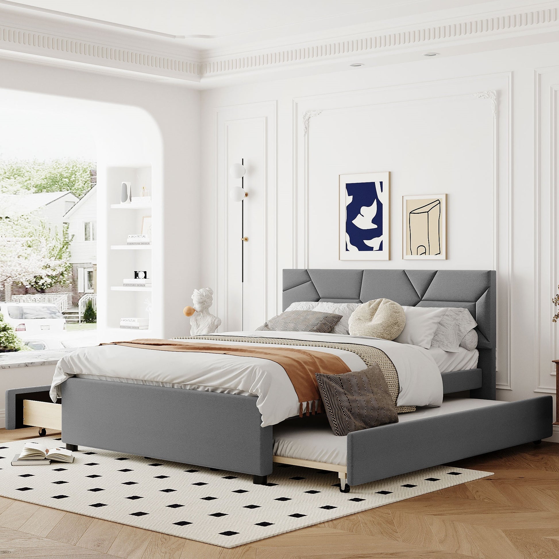 Queen Size Upholstered Platform Bed With Brick Pattern Headboard, With Twin Xl Size Trundle And 2 Drawers, Linen Fabric, Gray Gray Linen