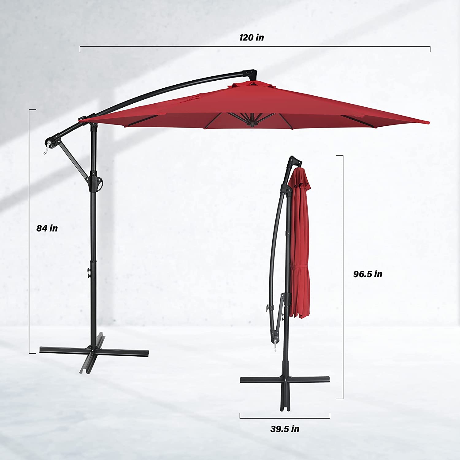 10Ft Offset Umbrella Cantilever Patio Hanging Umbrella Outdoor Market Umbrella With Crank & Cross Base Suitable For Garden, Lawn, Backyard And Deck, Red Red Stainless Steel