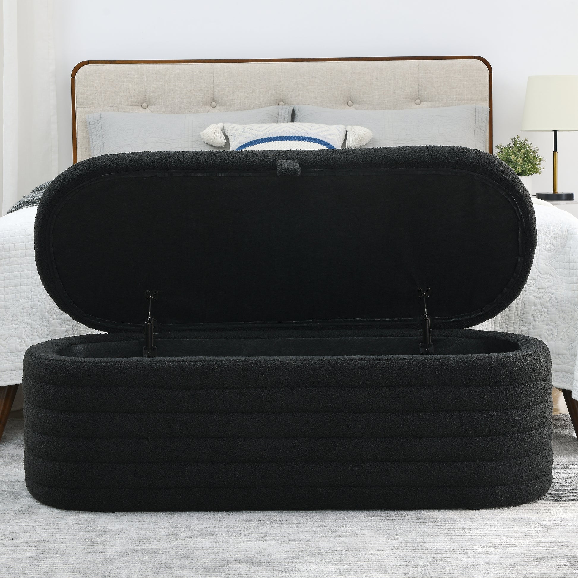 Video Welike Length 45.5 Inchesstorage Ottoman Bench Upholstered Fabric Storage Bench End Of Bed Stool With Safety Hinge For Bedroom, Living Room, Entryway, Black Teddy. Black Foam Fabric