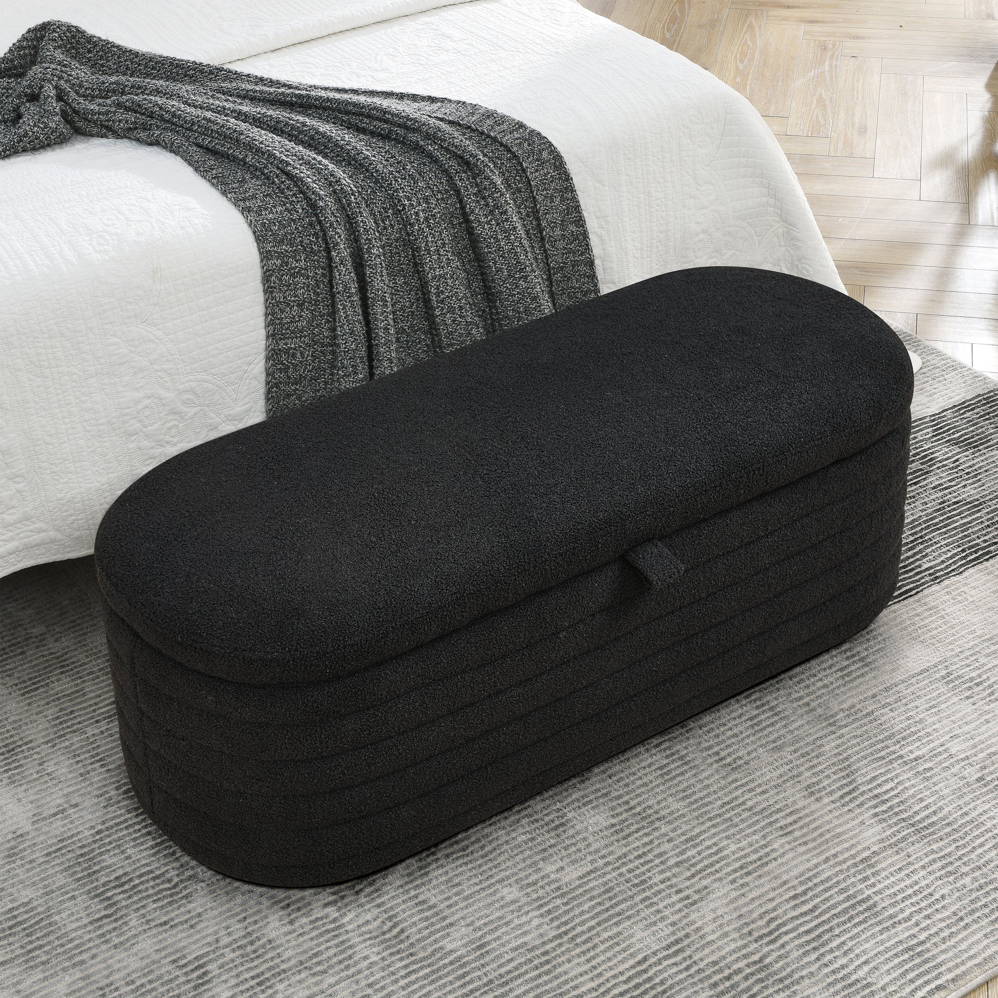 Video Welike Length 45.5 Inchesstorage Ottoman Bench Upholstered Fabric Storage Bench End Of Bed Stool With Safety Hinge For Bedroom, Living Room, Entryway, Black Teddy. Black Foam Fabric