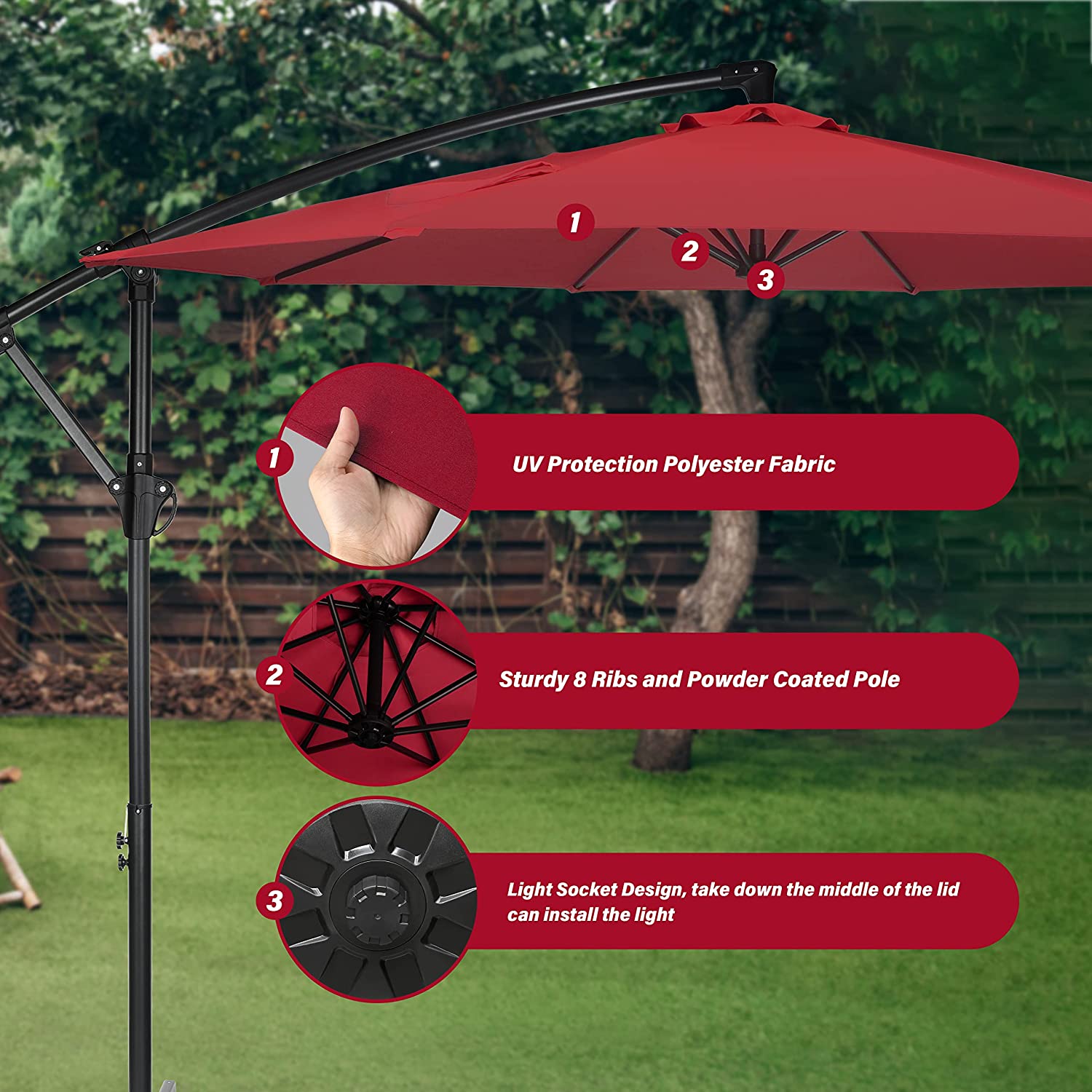 10Ft Offset Umbrella Cantilever Patio Hanging Umbrella Outdoor Market Umbrella With Crank & Cross Base Suitable For Garden, Lawn, Backyard And Deck, Red Red Stainless Steel