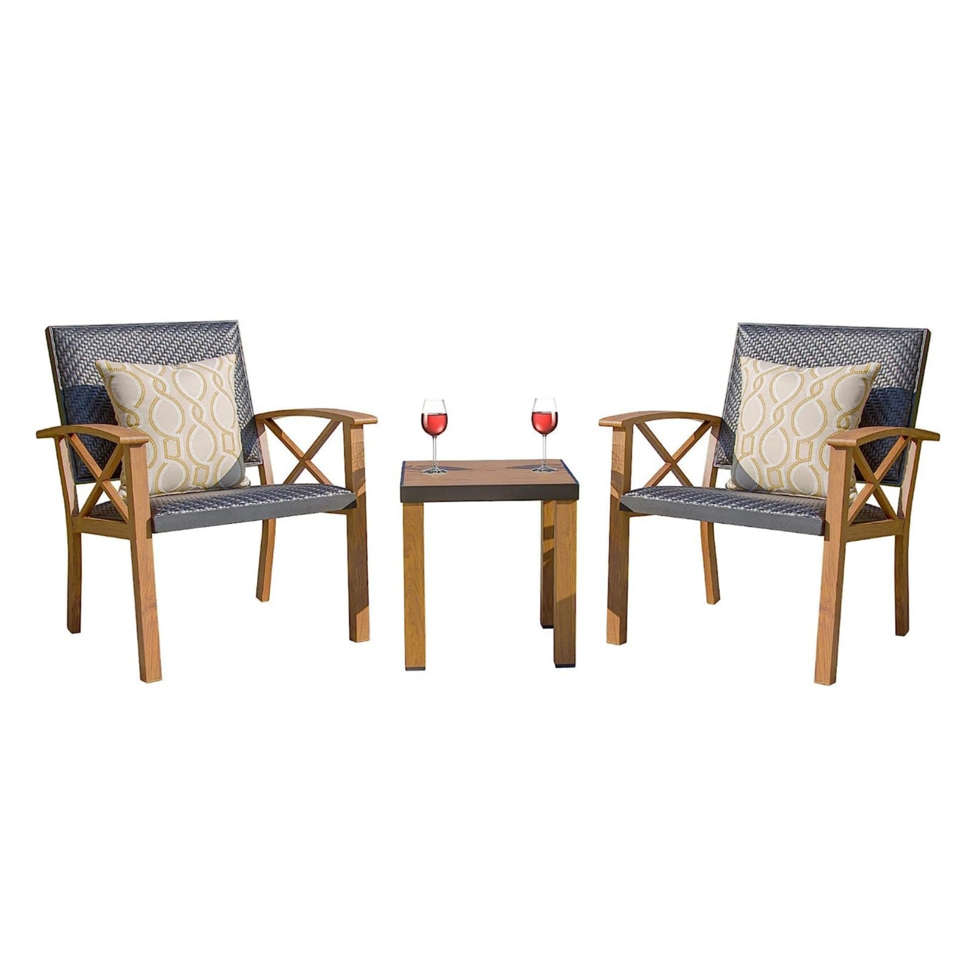 Patio Bistro Set 3 Pieces With Wood Grain Aluminum Wicker Padded Porch Chairs,Coffee Table,Outdoor Conversation Set With Beige Sunbrella Pillows 1Table 2 Chairs Yellow Brown Aluminum