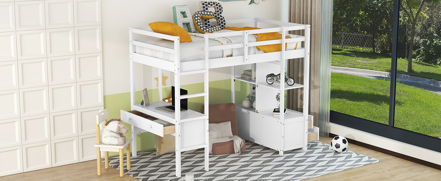 Twin Size Loft Bed With Built In Desk With Two Drawers, And Storage Shelves And Drawers,White Box Spring Not Required Twin White Wood Bedroom Bed Frame Solid Wood Mdf Pine