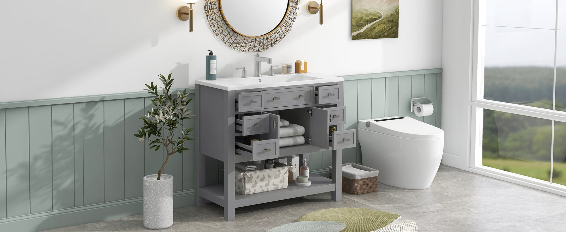 36'' Bathroom Vanity With Top Sink, Modern Bathroom Storage Cabinet With 2 Soft Closing Doors And 6 Drawers, Single Sink Bathroom Vanity 4 Grey 2 1 Soft Close Doors Freestanding Mdf Painted