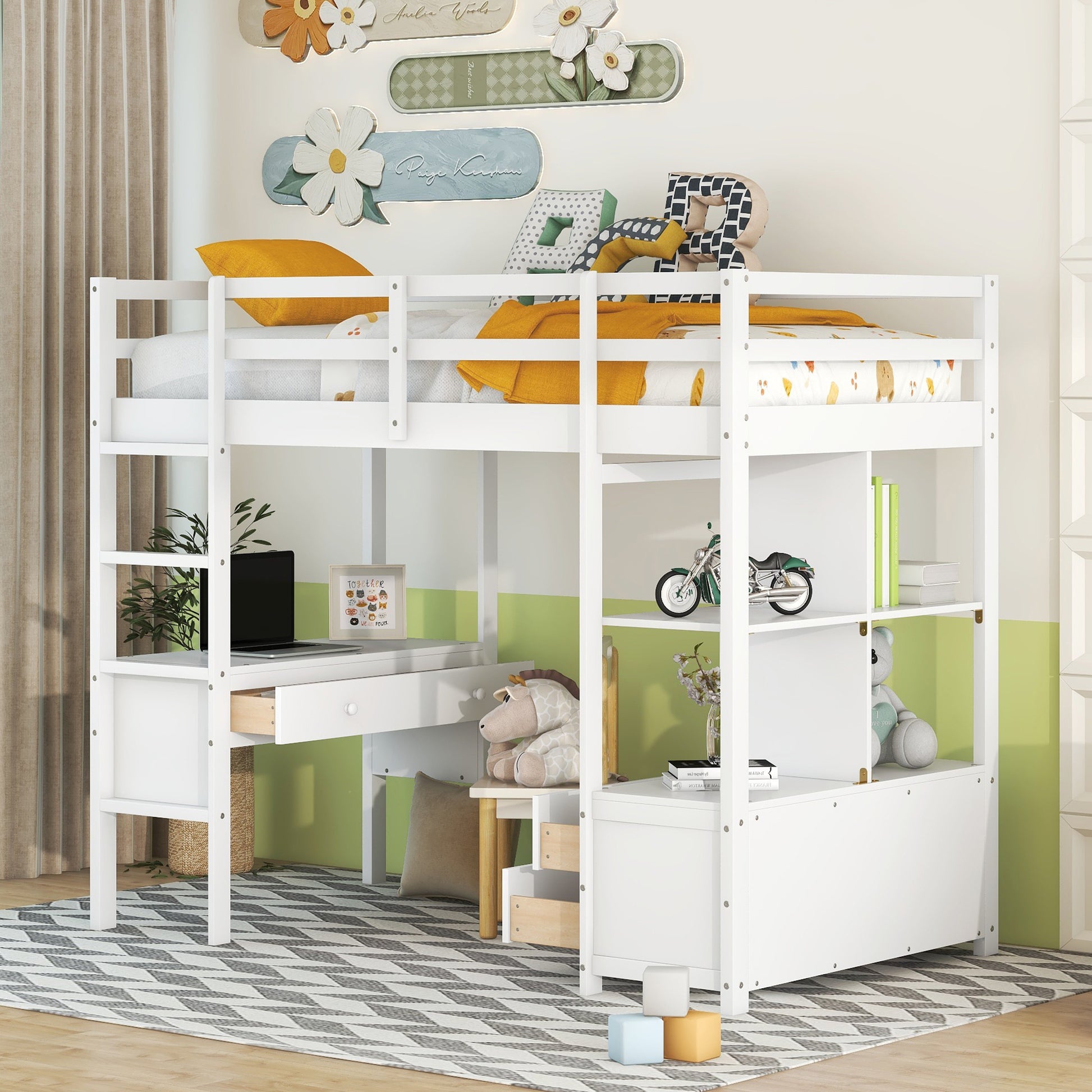 Twin Size Loft Bed With Built In Desk With Two Drawers, And Storage Shelves And Drawers,White Box Spring Not Required Twin White Wood Bedroom Bed Frame Solid Wood Mdf Pine