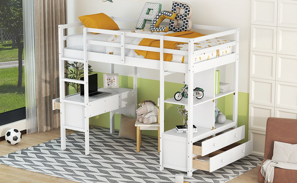 Twin Size Loft Bed With Built In Desk With Two Drawers, And Storage Shelves And Drawers,White Box Spring Not Required Twin White Wood Bedroom Bed Frame Solid Wood Mdf Pine