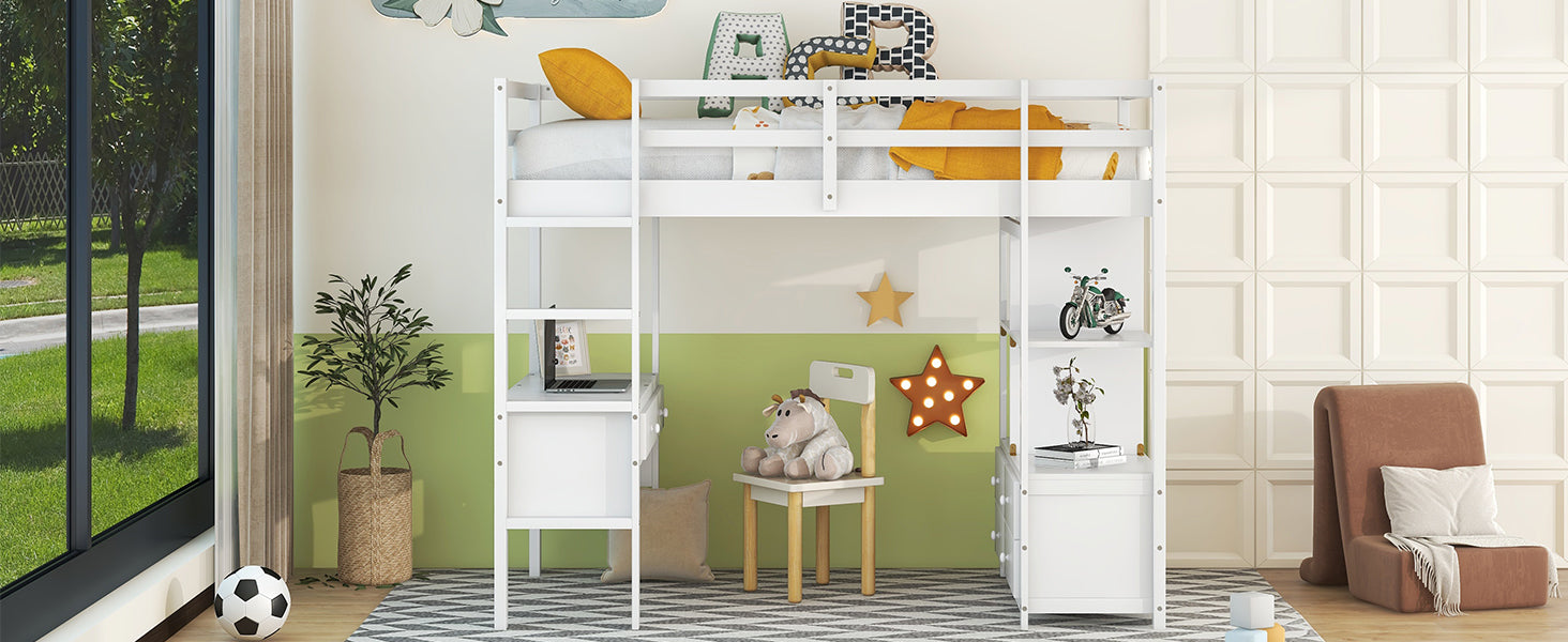 Twin Size Loft Bed With Built In Desk With Two Drawers, And Storage Shelves And Drawers,White Box Spring Not Required Twin White Wood Bedroom Bed Frame Solid Wood Mdf Pine