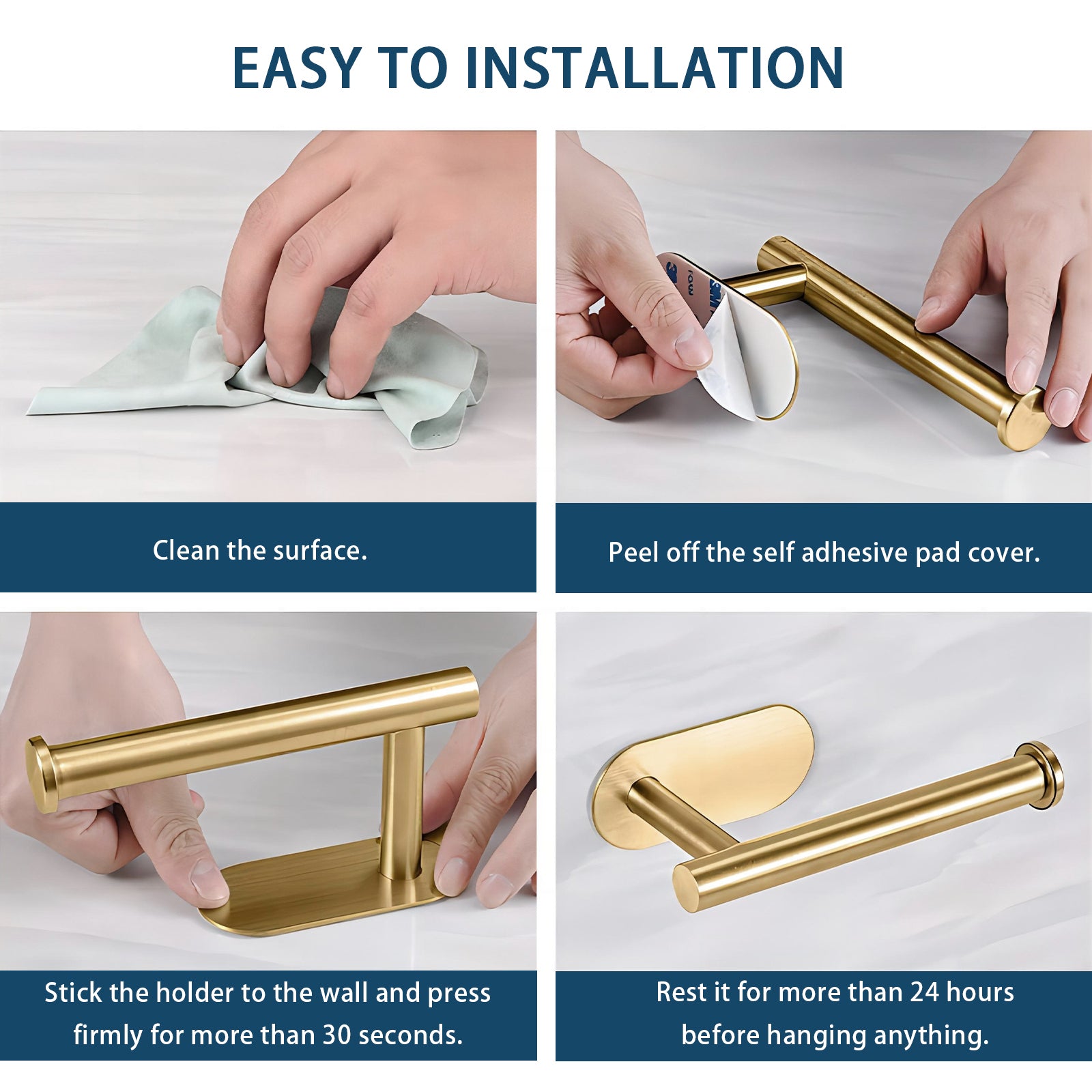 Toilet Paper Holder Self Adhesive, Stainless Steel Rustproof Adhesive Toilet Roll Holder No Drilling Brushed Gold Stainless Steel