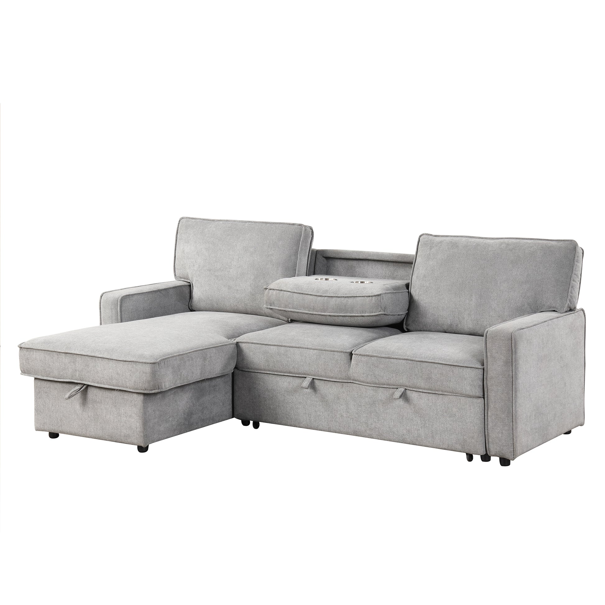 Upholstery Sleeper Sectional Sofa With Storage Space, Usb Port, 2 Cup Holders On Back Cushions Same Sku Wy000335Aae Gray Wood Square Arms Polyester 3 Seat