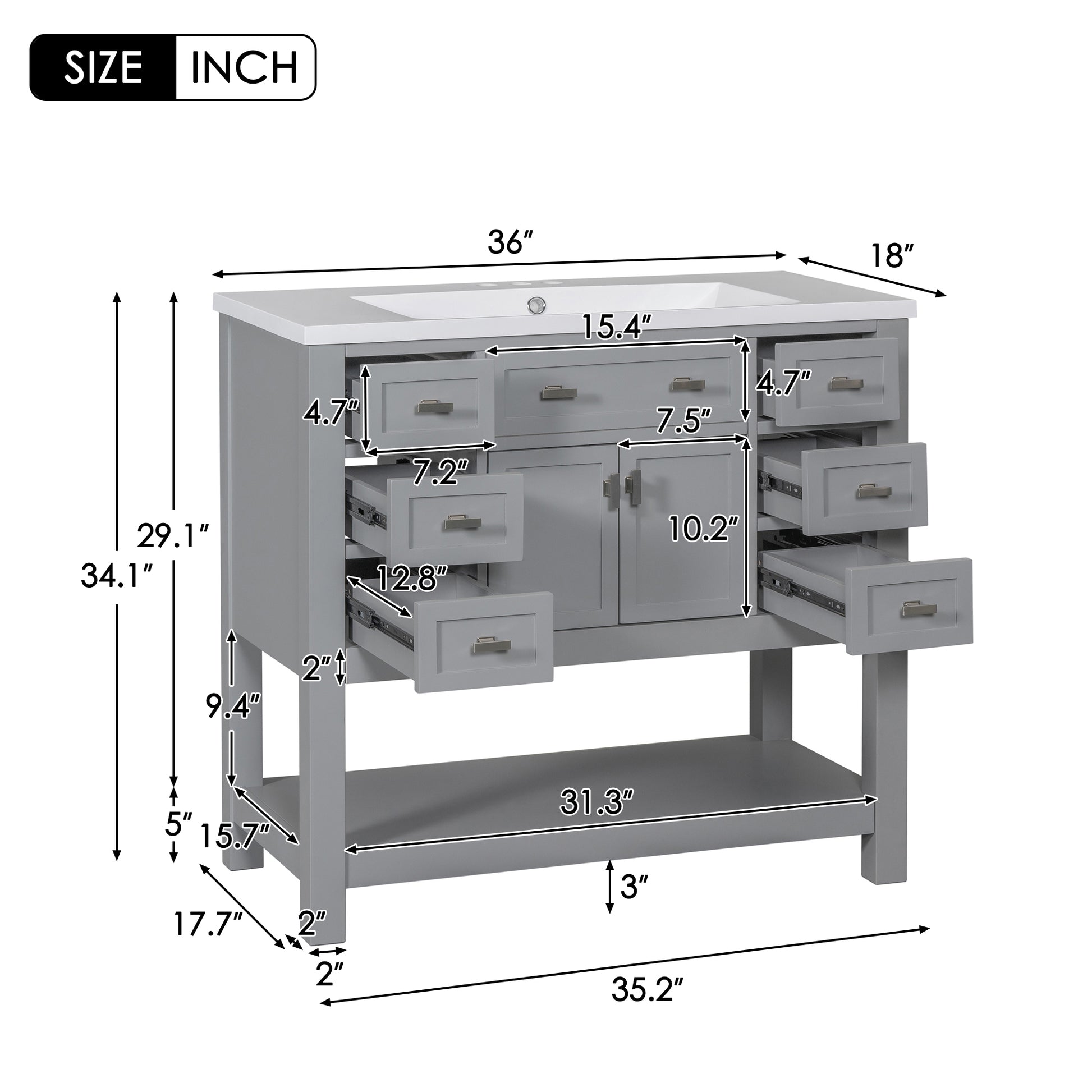 36'' Bathroom Vanity With Top Sink, Modern Bathroom Storage Cabinet With 2 Soft Closing Doors And 6 Drawers, Single Sink Bathroom Vanity 4 Grey 2 1 Soft Close Doors Freestanding Mdf Painted