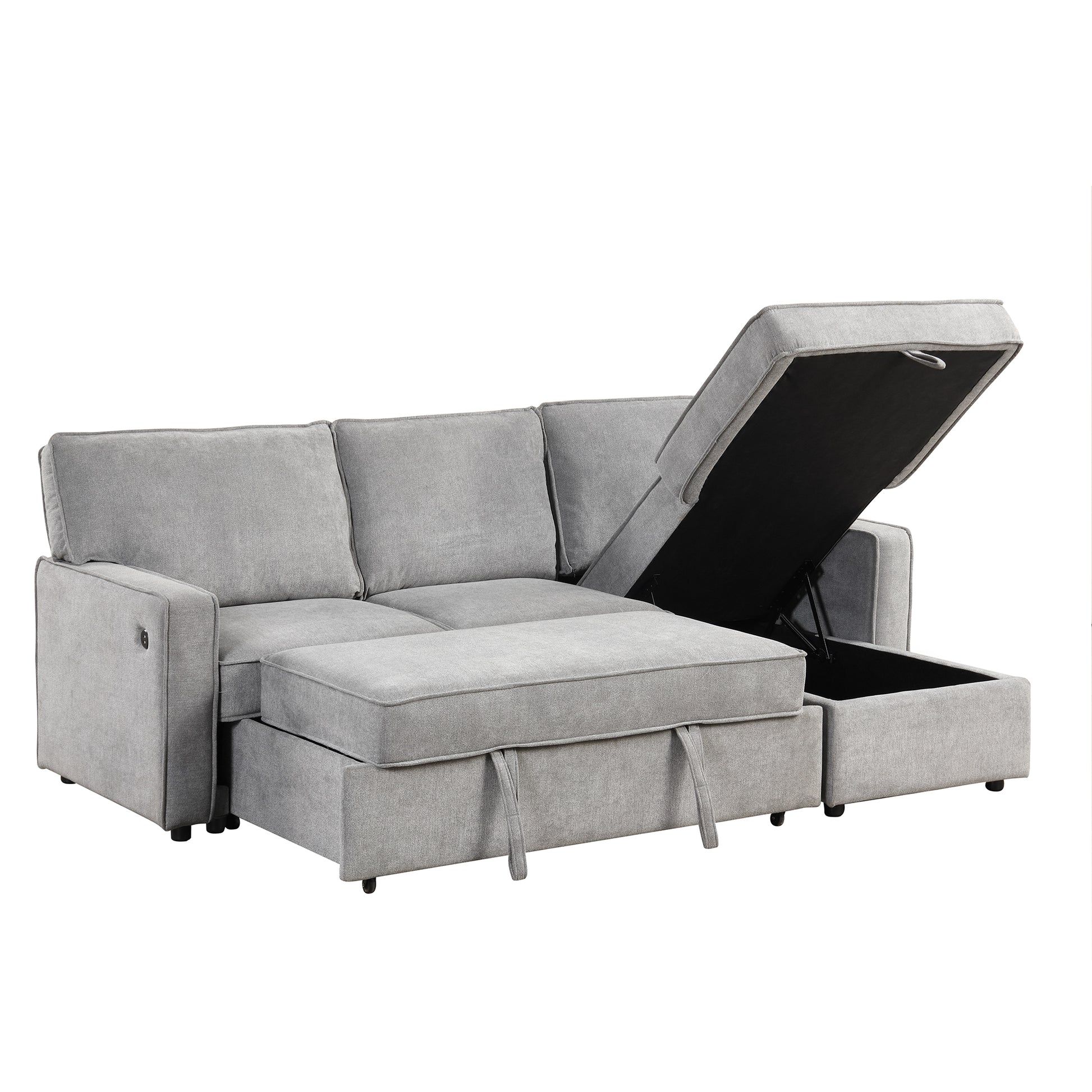 Upholstery Sleeper Sectional Sofa With Storage Space, Usb Port, 2 Cup Holders On Back Cushions Same Sku Wy000335Aae Gray Wood Square Arms Polyester 3 Seat