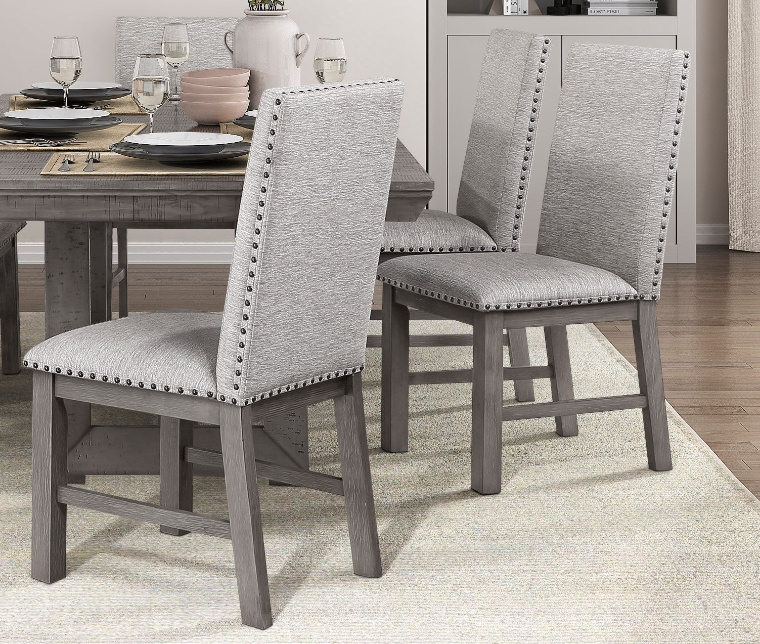 Dining Chairs 2Pc Set Beige Fabric Upholstered Seat And Back Trim Gray Finish Wood Frame Rustic Design Dining Furniture Beige Dining Room Modern Side Chair Wood