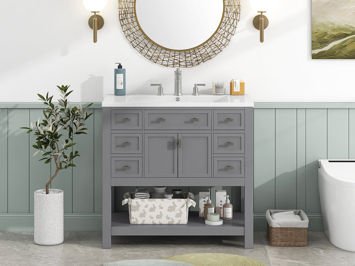 36'' Bathroom Vanity With Top Sink, Modern Bathroom Storage Cabinet With 2 Soft Closing Doors And 6 Drawers, Single Sink Bathroom Vanity 4 Grey 2 1 Soft Close Doors Freestanding Mdf Painted