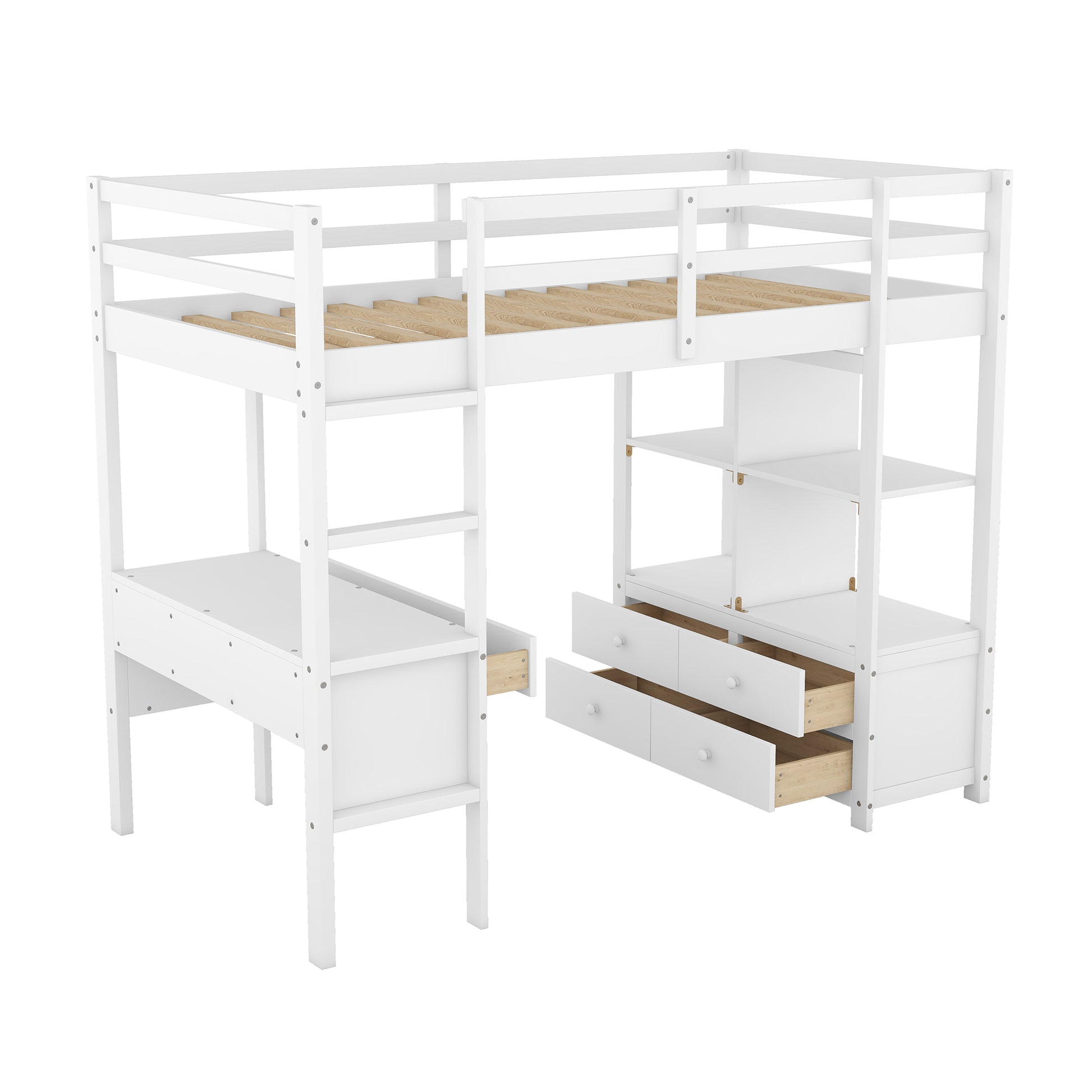 Twin Size Loft Bed With Built In Desk With Two Drawers, And Storage Shelves And Drawers,White Box Spring Not Required Twin White Wood Bedroom Bed Frame Solid Wood Mdf Pine