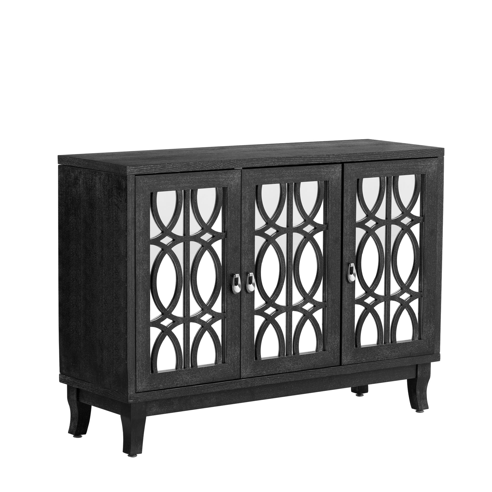 Sideboard With Glass Doors, 3 Door Mirrored Buffet Cabinet With Silver Handle For Living Room, Hallway, Dining Room Black Black Mdf