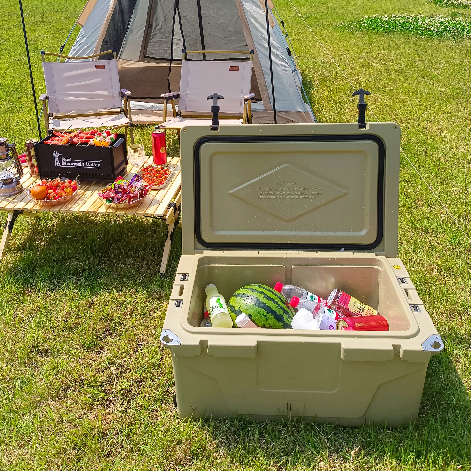 Khaki Color Ice Cooler Box 65Qt Camping Ice Chest Beer Box Outdoor Fishing Cooler Khaki Abs Plastic