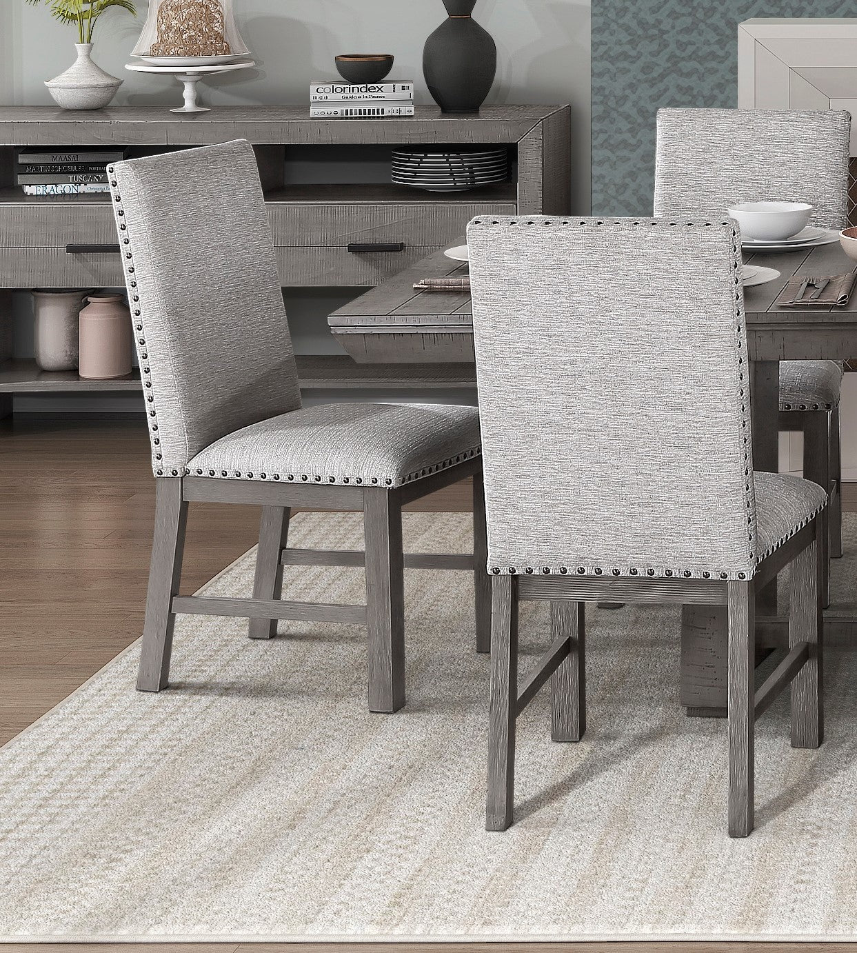 Rustic Design Dining Table 5Pc Set Gray Finish Table W Extension Leaf And 4X Fabric Upholstered Side Chairs Modern Dining Room Furniture Wood Wood Gray Seats 4 Wood Dining Room Extendable Modern Rectangular Dining Table With Chair Wood