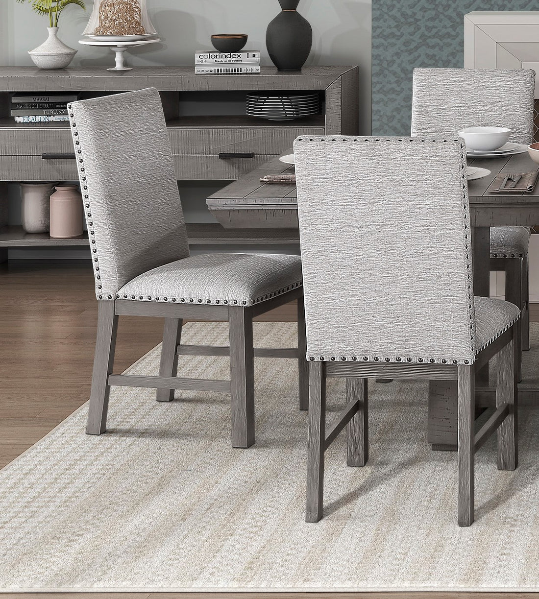 Rustic Design Dining Table 9Pc Set Gray Finish Table W Extension Leaf And 8X Fabric Upholstered Side Chairs Modern Dining Room Furniture Wood Wood Gray Seats 8 Wood Dining Room Extendable Modern Rectangular Dining Table With Chair Wood