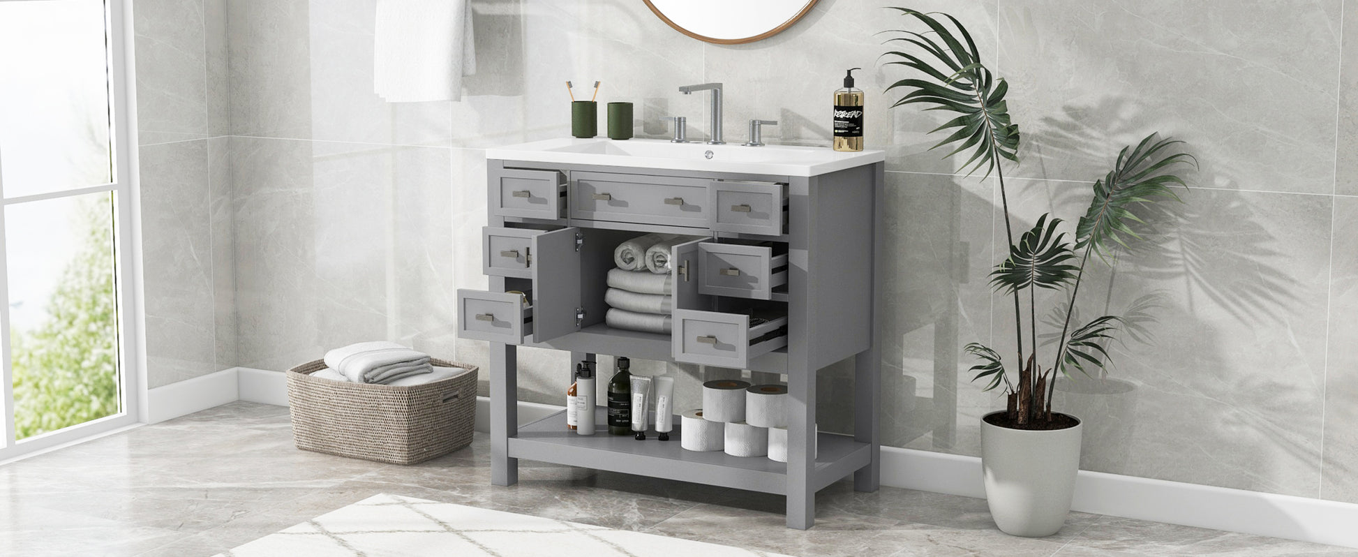 36'' Bathroom Vanity With Top Sink, Modern Bathroom Storage Cabinet With 2 Soft Closing Doors And 6 Drawers, Single Sink Bathroom Vanity 4 Grey 2 1 Soft Close Doors Freestanding Mdf Painted