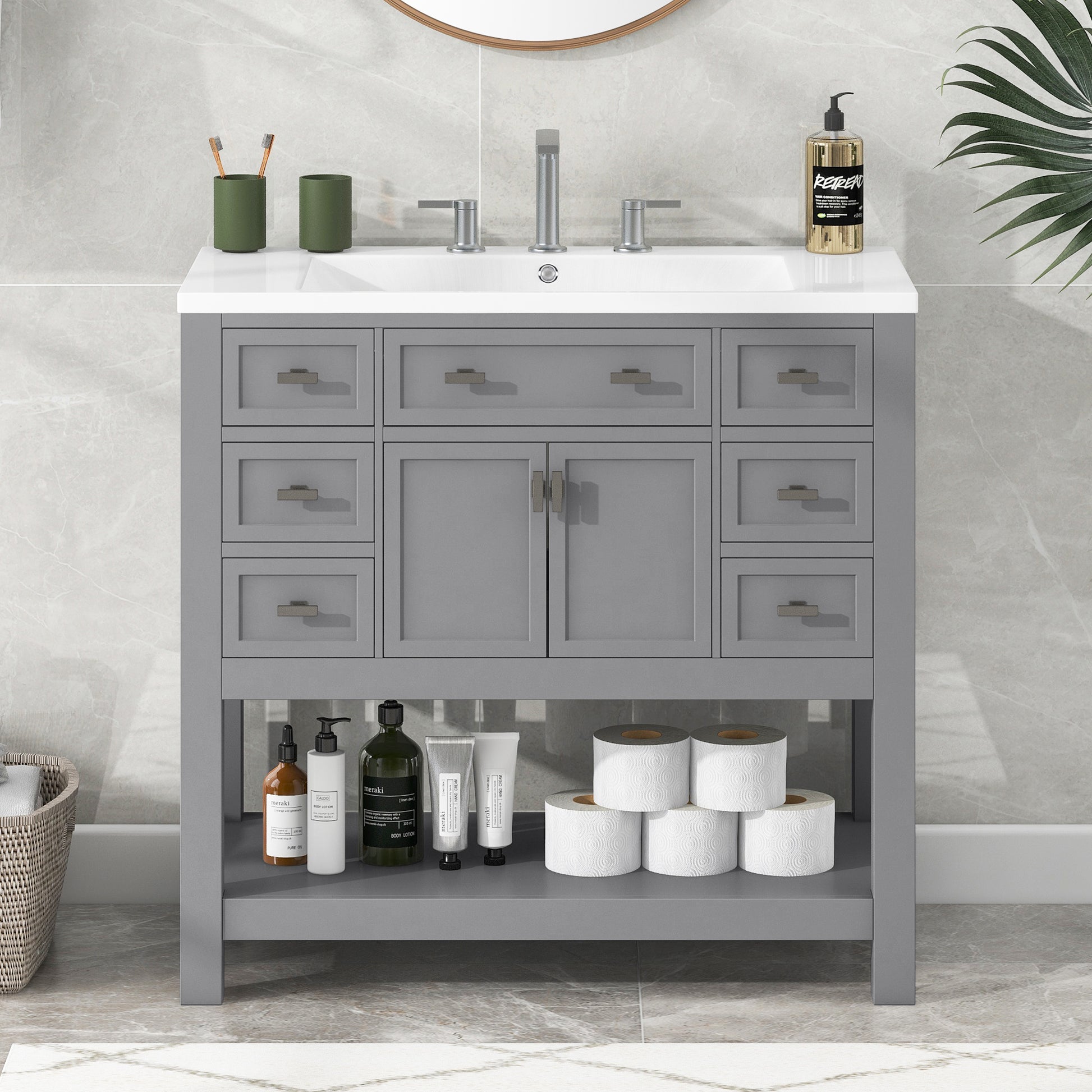 36'' Bathroom Vanity With Top Sink, Modern Bathroom Storage Cabinet With 2 Soft Closing Doors And 6 Drawers, Single Sink Bathroom Vanity 4 Grey 2 1 Soft Close Doors Freestanding Mdf Painted