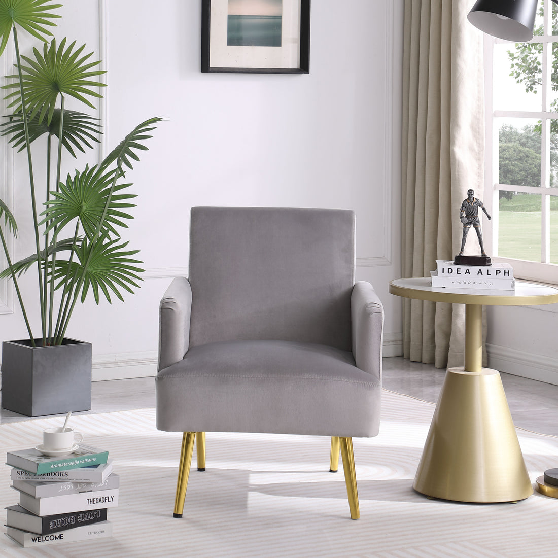 Reading Armchair Living Room Comfy Accent Chairs, Bedroom Chairs For Office Bedroom With Arm Rest, Lounge Chair For Office And Study Gray Velvet