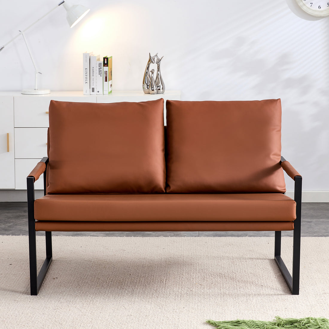 Modern Two Seater Sofa Chair With 2 Pillows Pu Leather, High Density Foam, Black Coated Metal Frame.Brownsf D008 Br Brown Pu