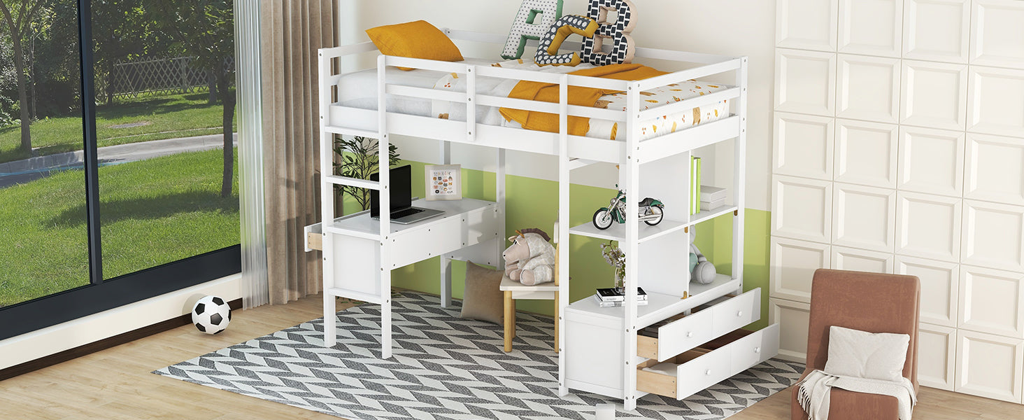 Twin Size Loft Bed With Built In Desk With Two Drawers, And Storage Shelves And Drawers,White Box Spring Not Required Twin White Wood Bedroom Bed Frame Solid Wood Mdf Pine